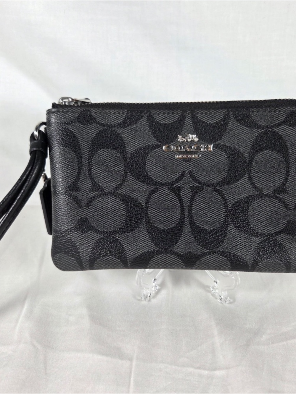 Coach Black Signature Canvas Wristlet with Silver Logo
